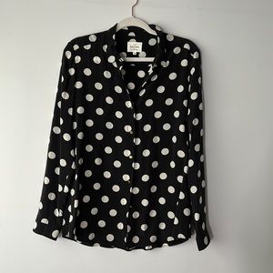 Sezane silk bottom down shirt polka dot pattern black and white